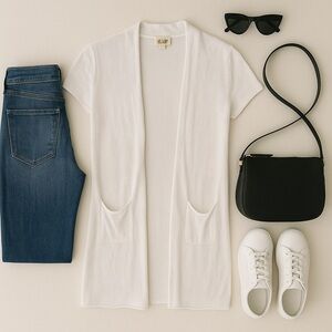 Eileen Fisher Short Sleeve Linen White Cardigan XS